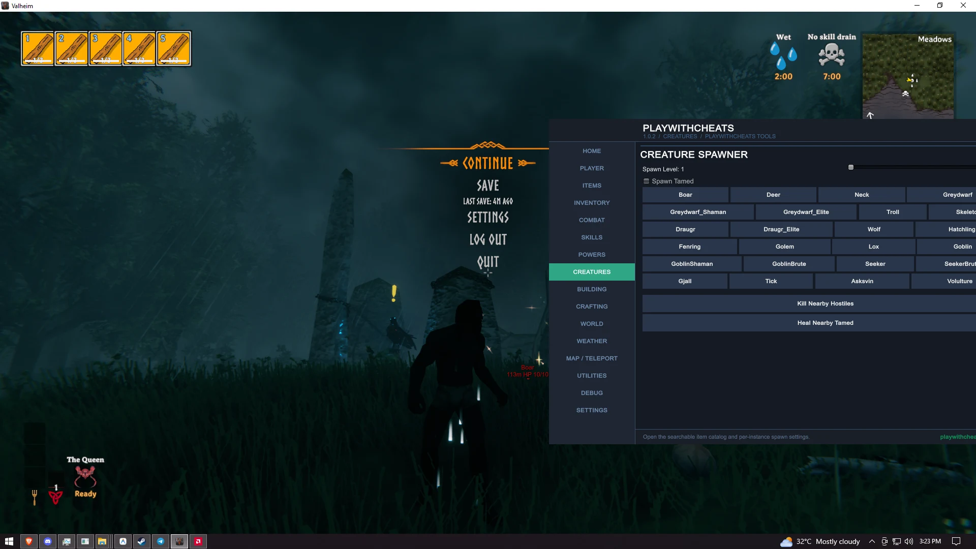 Valheim creature ESP over boars and deer showing names, HP and distance