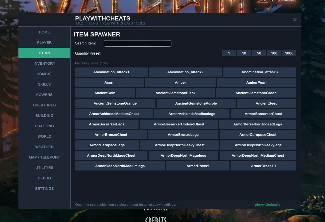 Valheim item spawner catalog with search, spawn quantity presets and inventory editor