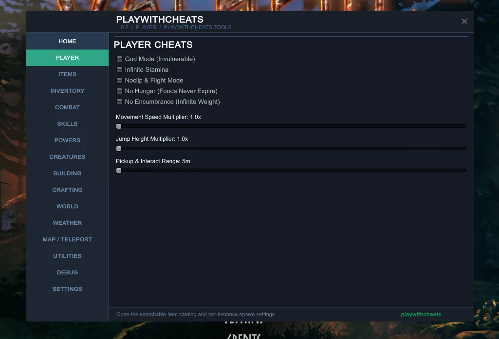 Valheim cheat Player tab with God Mode, infinite stamina, noclip, flight, no hunger and no encumbrance